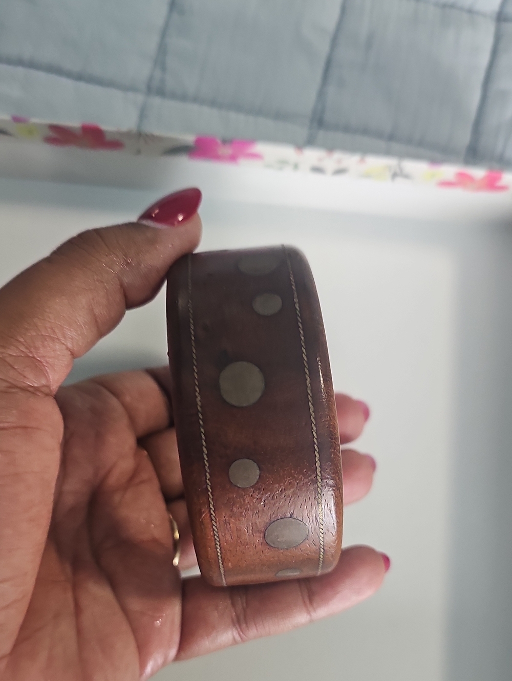 Brown Wooden Studded Cuff Bracelet -
